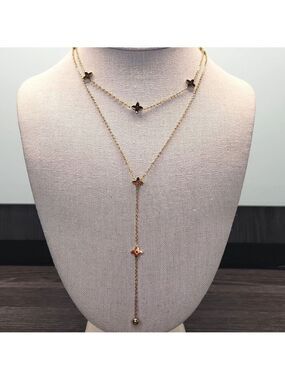18k Gold Plated Stainless Steel Double Chain Clover/ Flower Necklace, Drop Chain